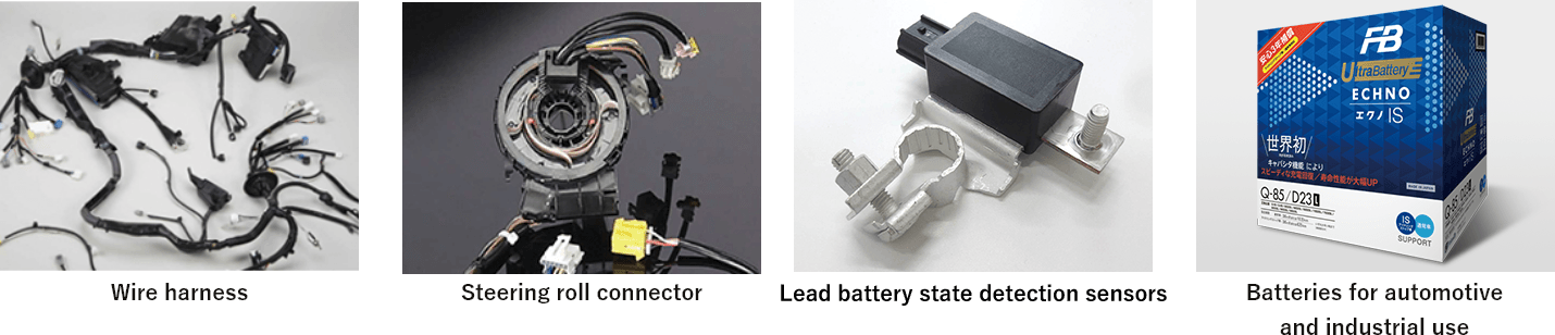 Wire harness, Steering roll connector, Lead battery state detection sensors, Batteries for automotive and industrial use